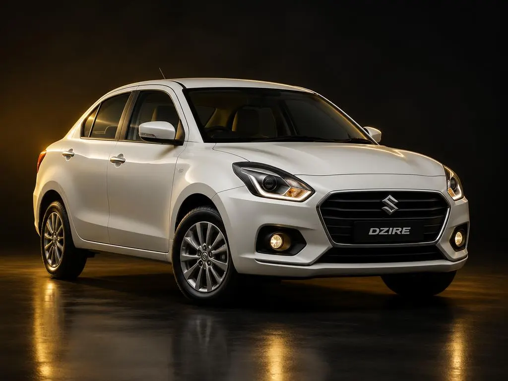 Studio view of a white Swift Dzire sedan